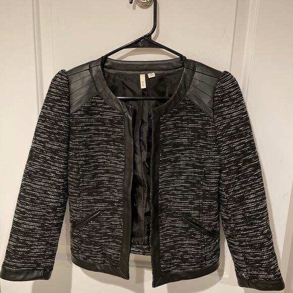 Frenchi wool tweed faux leather black blazer XS - Picture 3 of 7